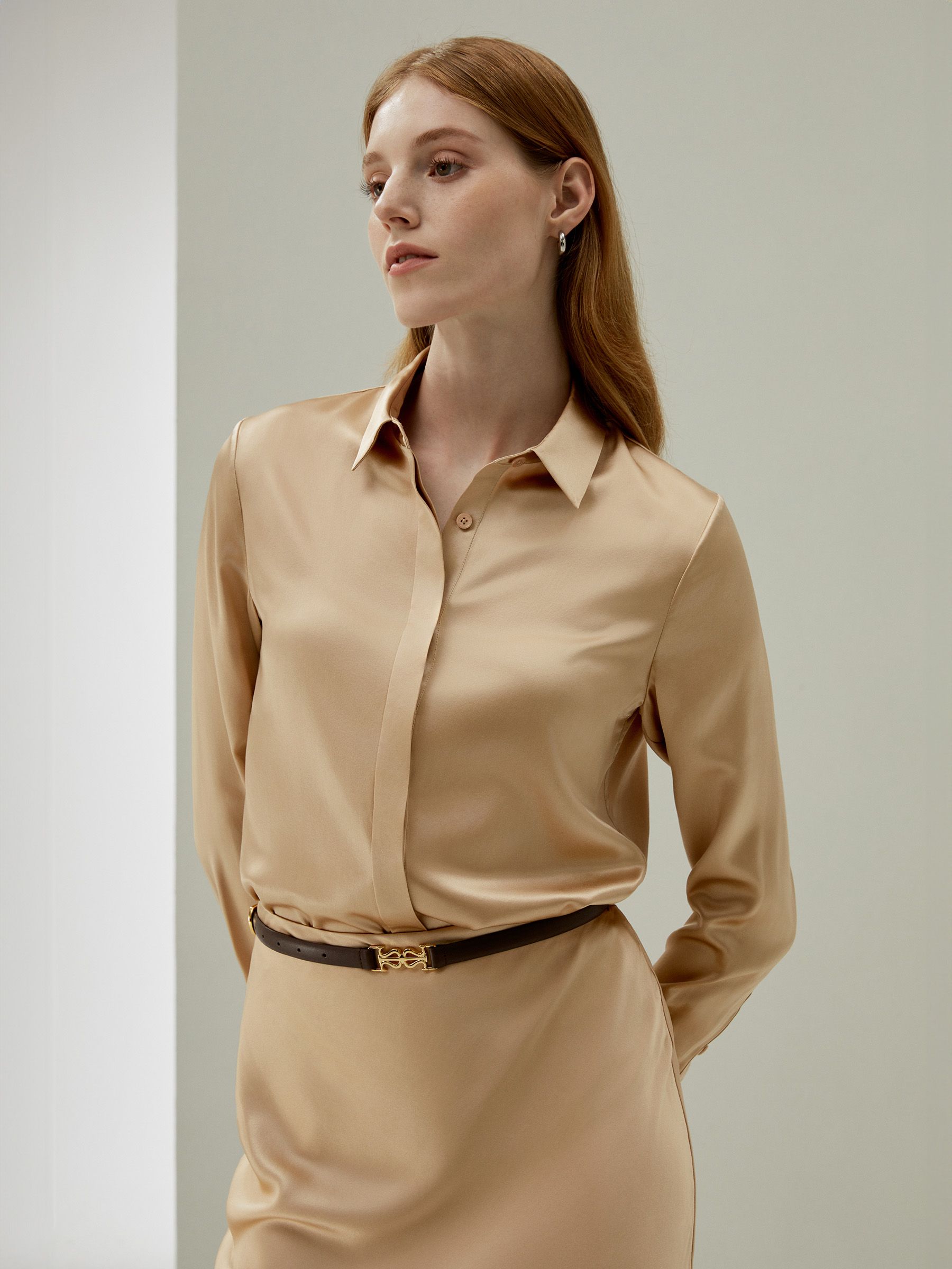 Basic Concealed Placket women Silk Shirt