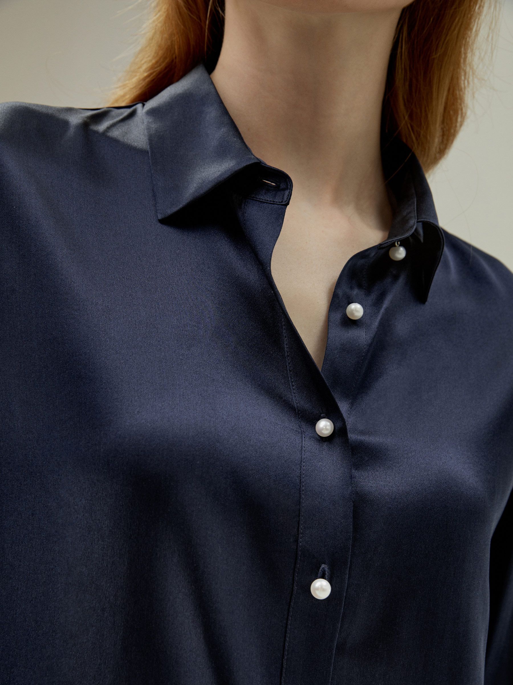 Women Classic Pearl Button Silk Shirt