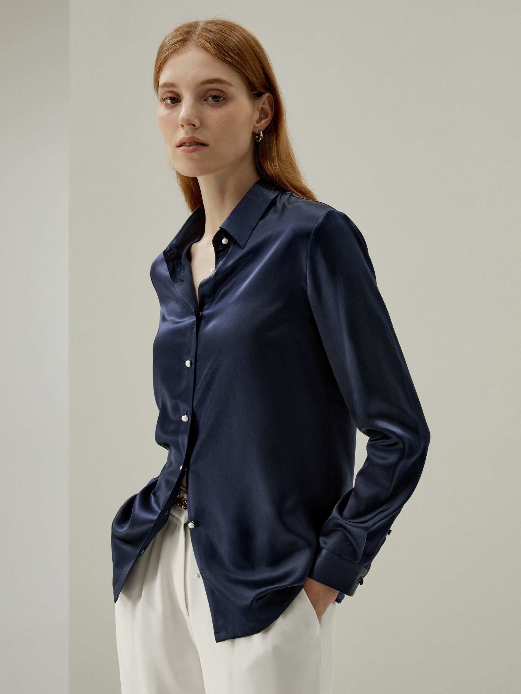 Women Classic Pearl Button Silk Shirt