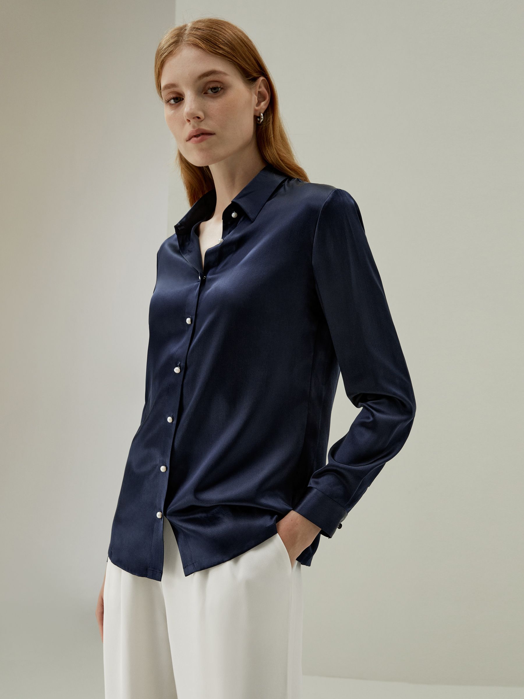 Women Classic Pearl Button Silk Shirt