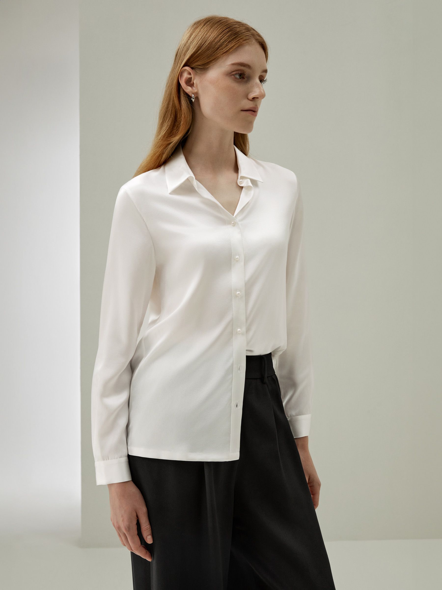 Women Classic Pearl Button Silk Shirt