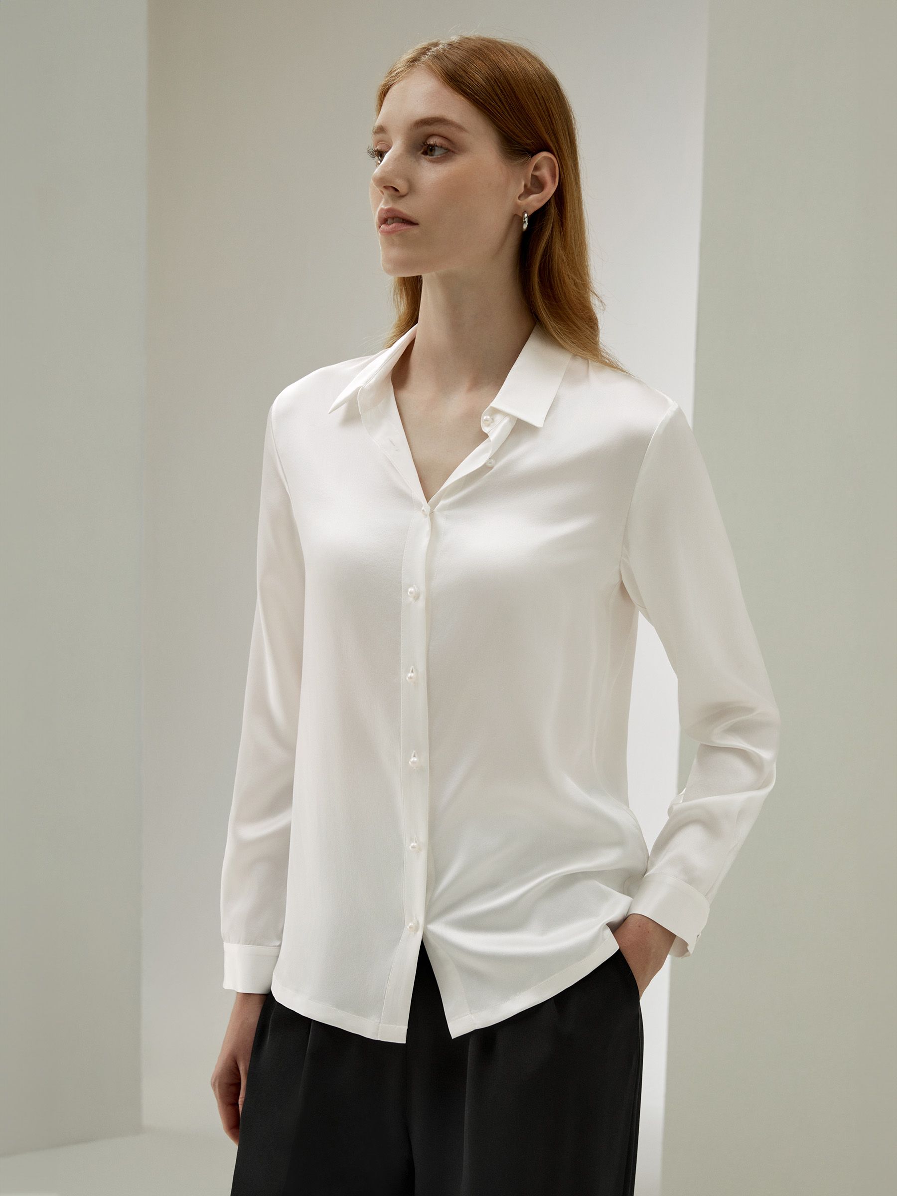 Women Classic Pearl Button Silk Shirt