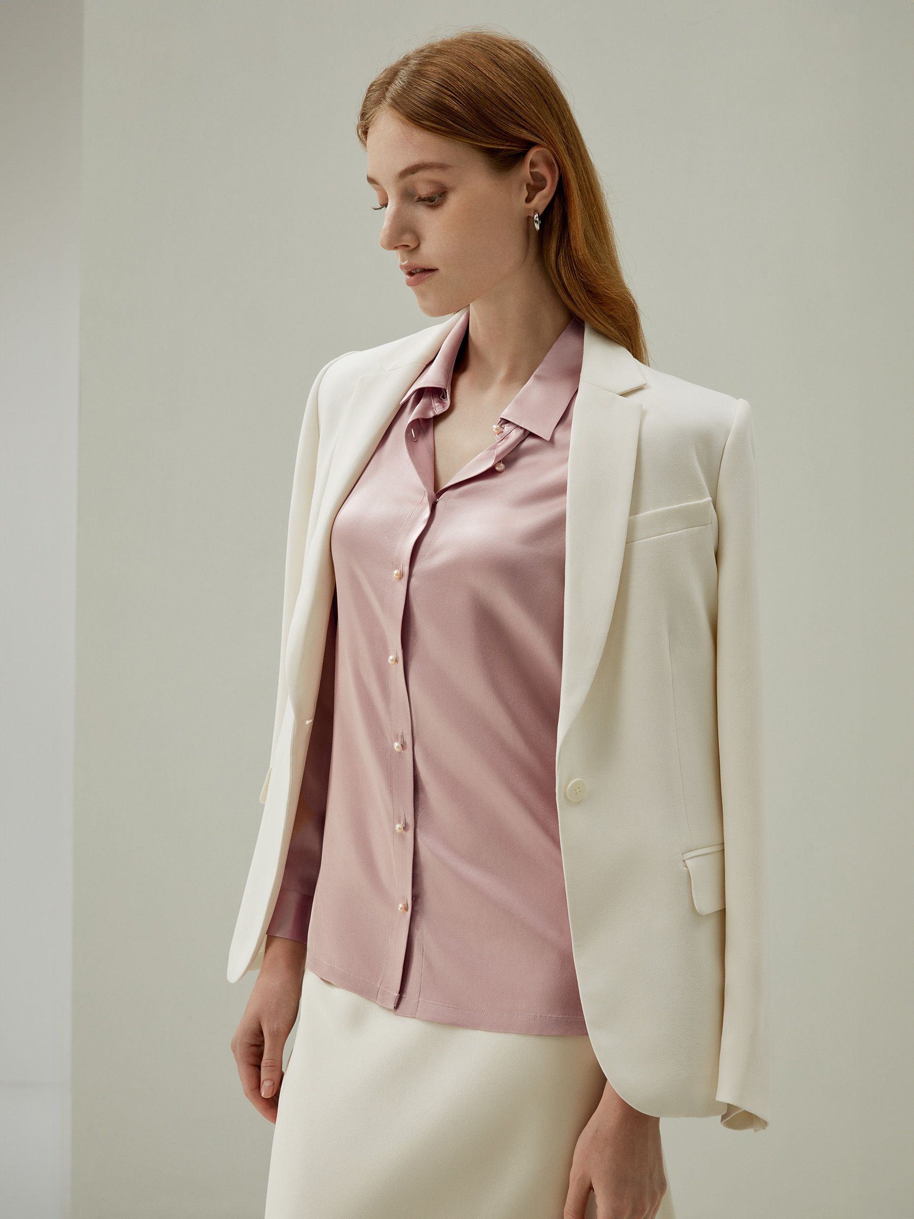 Women Classic Pearl Button Silk Shirt