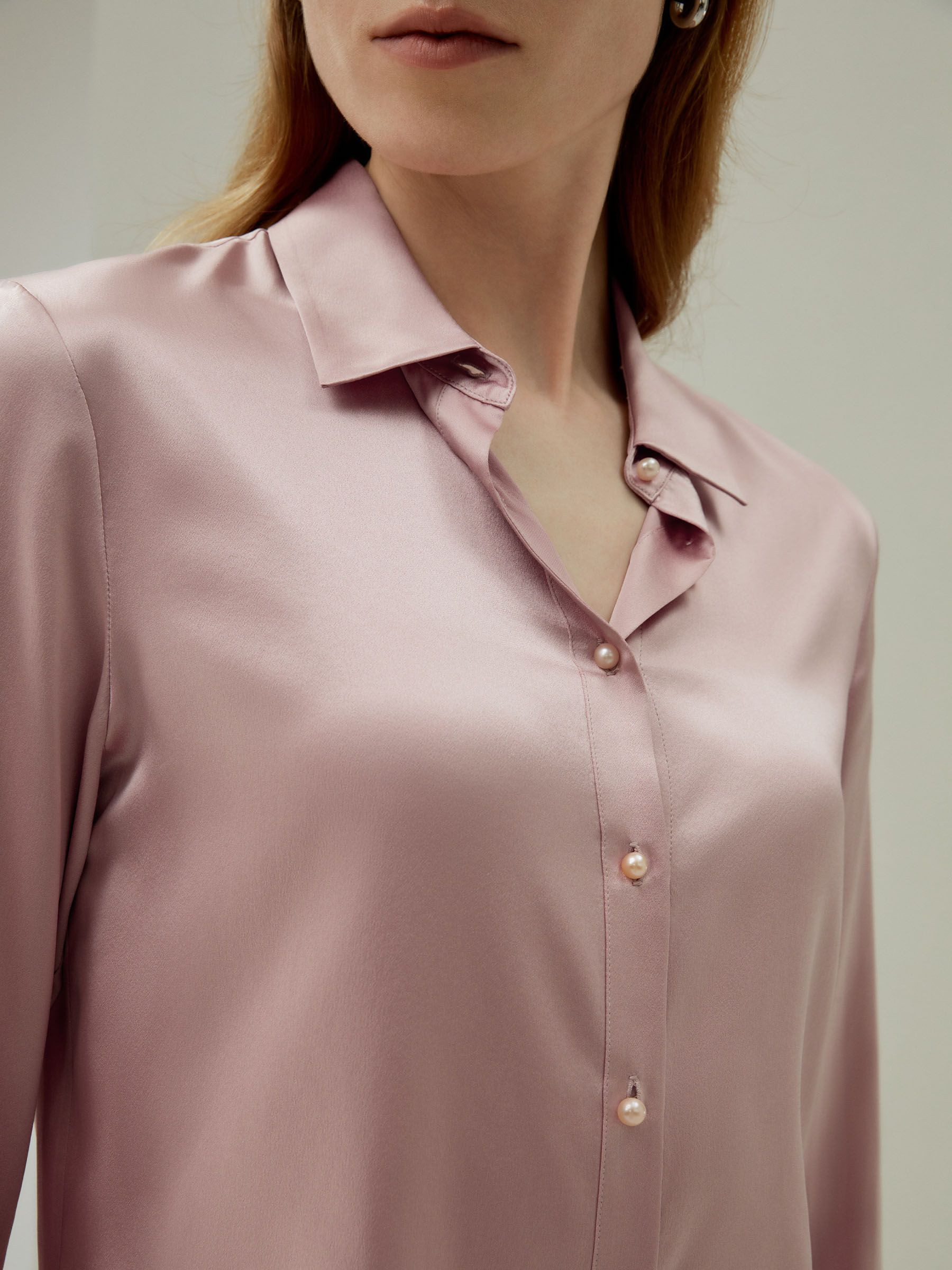 Women Classic Pearl Button Silk Shirt