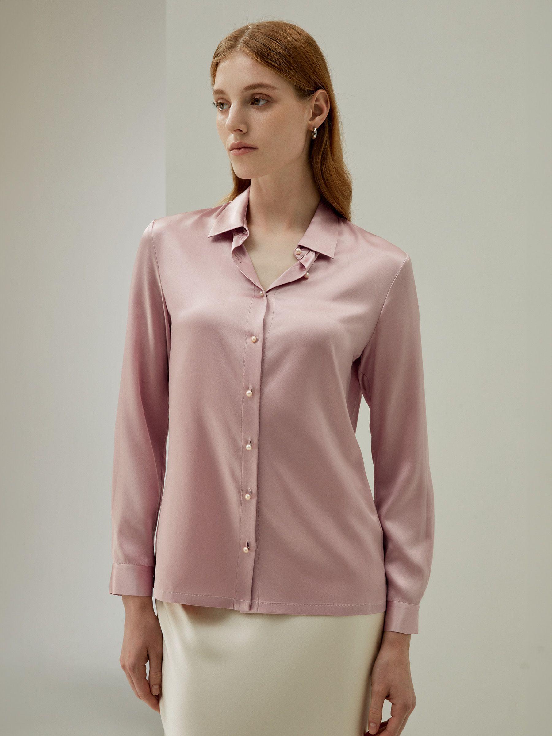 Women Classic Pearl Button Silk Shirt