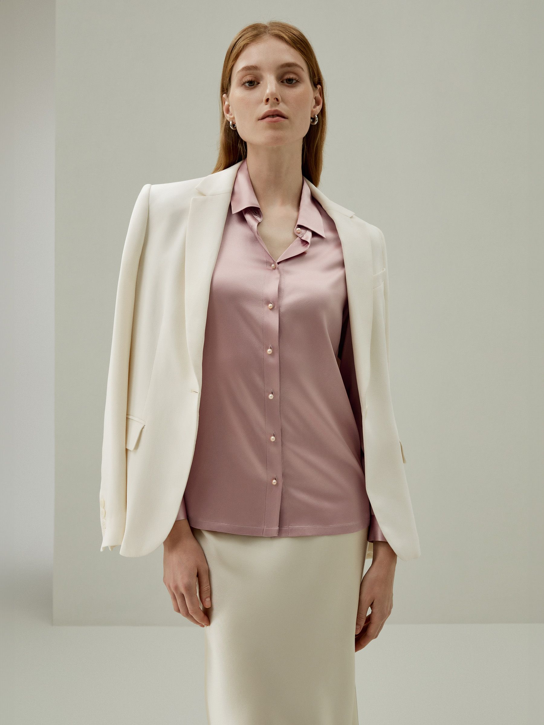 Women Classic Pearl Button Silk Shirt