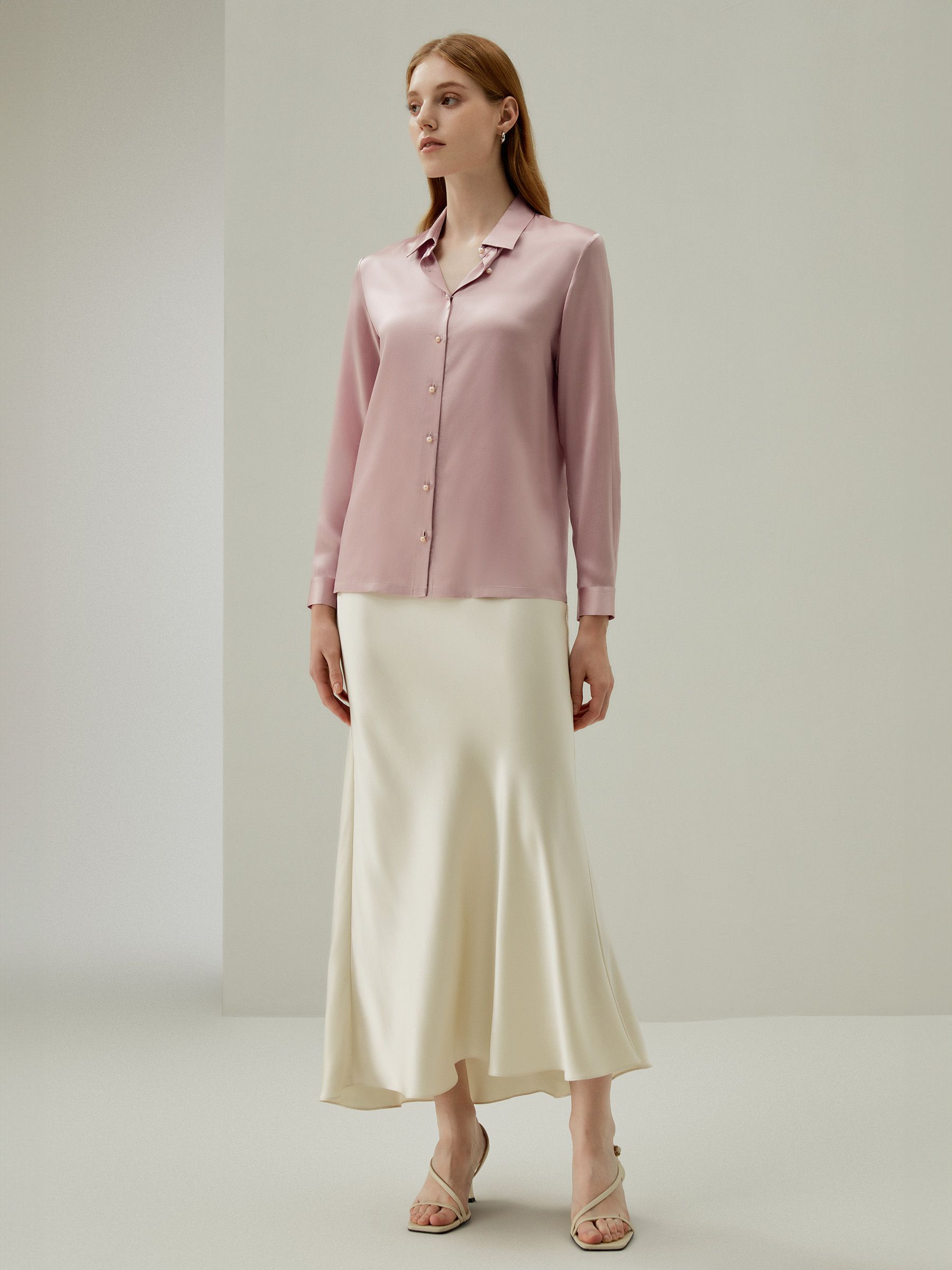 Women Classic Pearl Button Silk Shirt