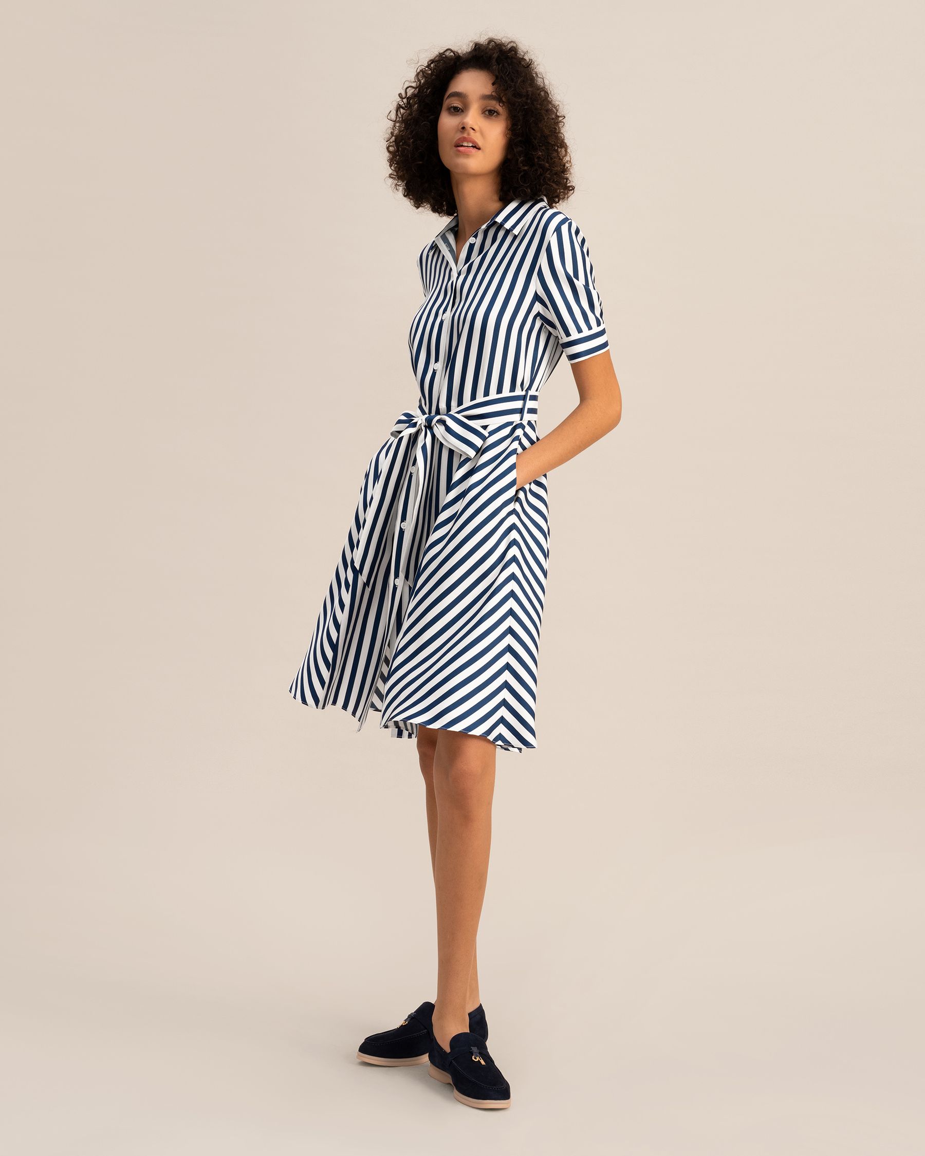 Amalfi Stripe Silk Shirtdress with Belt