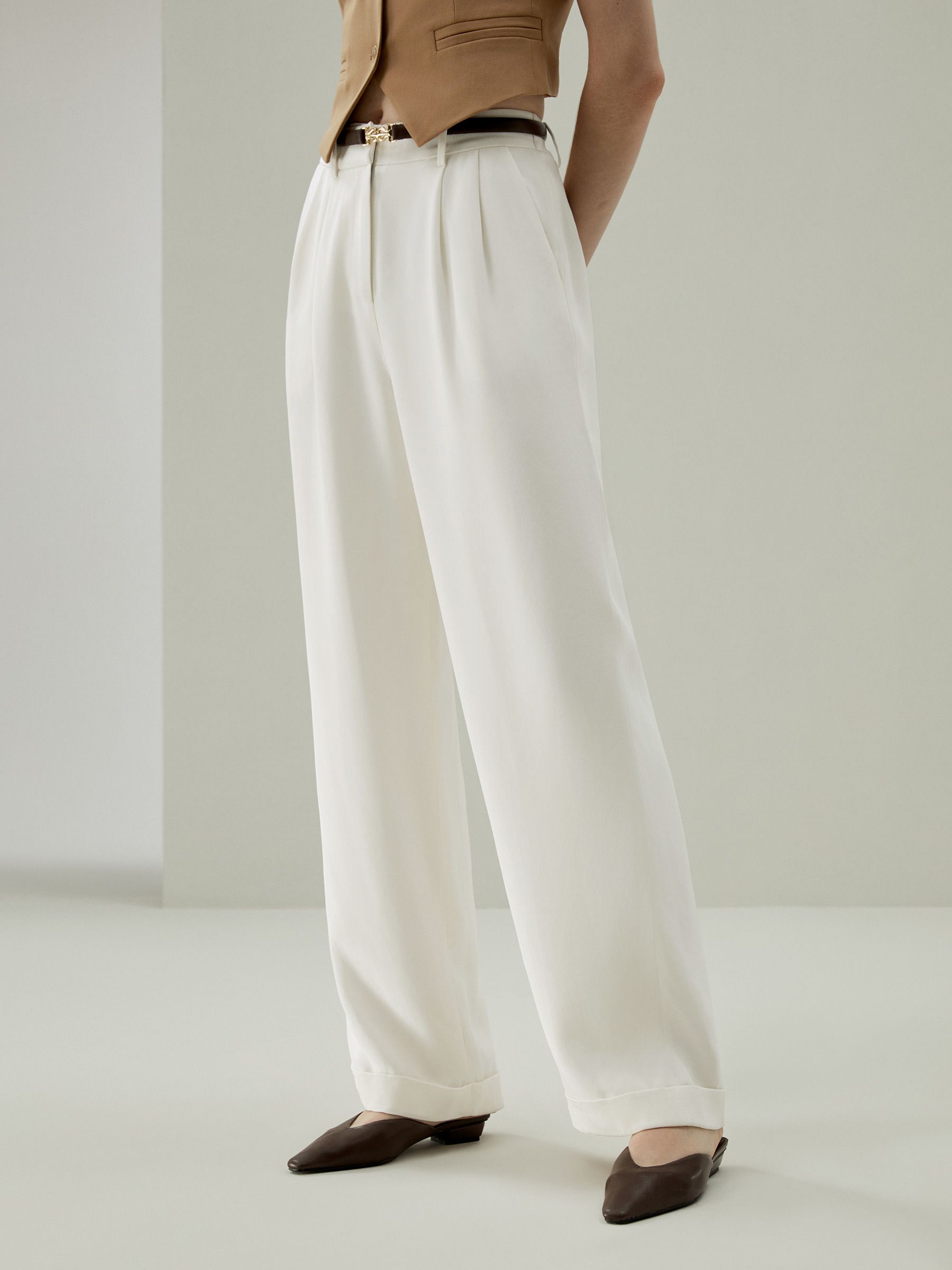 Timeless Pleated Wide-Leg Dense Silk Trousers