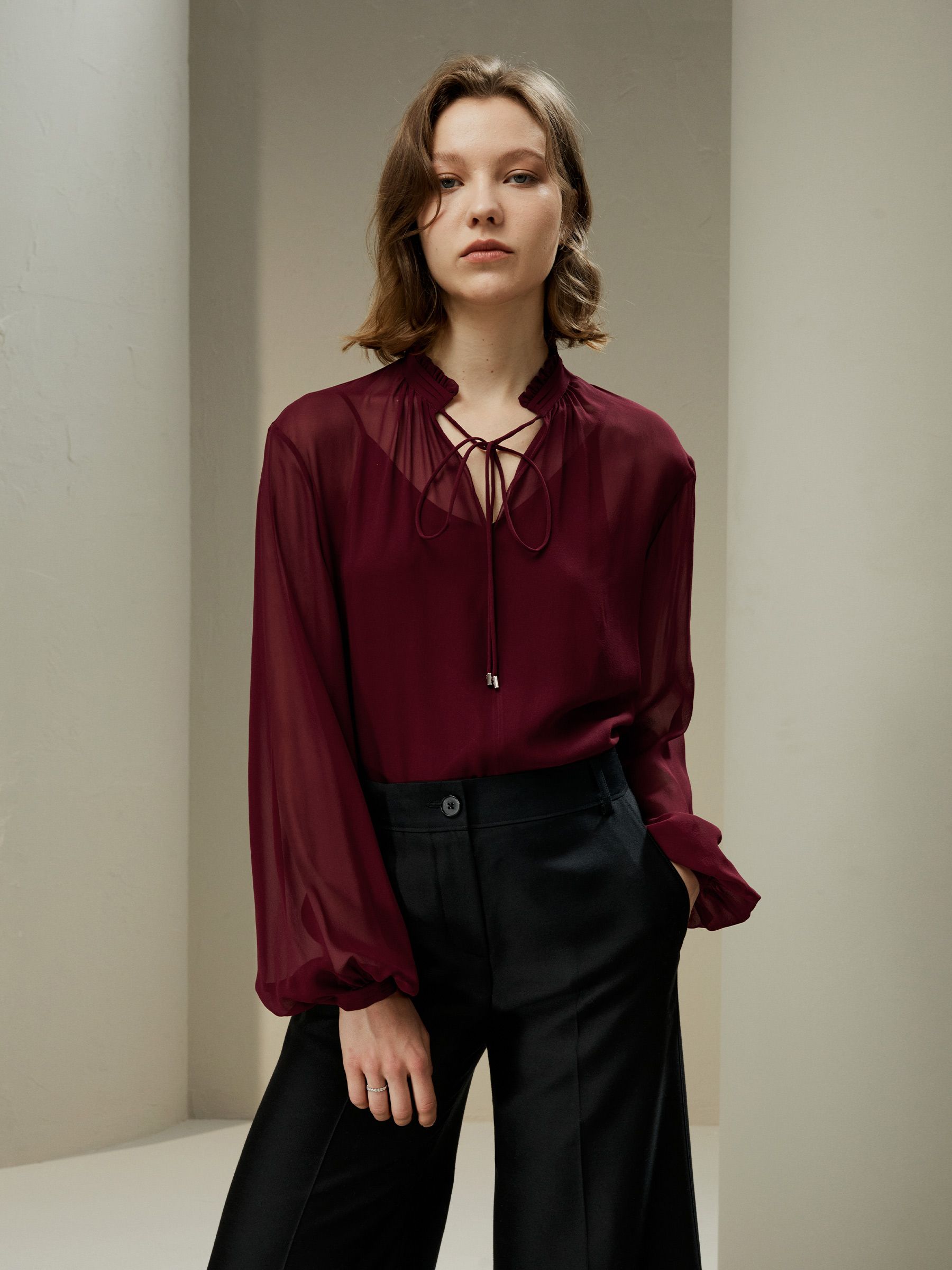 Tie Front Drawstring Georgette Blouse