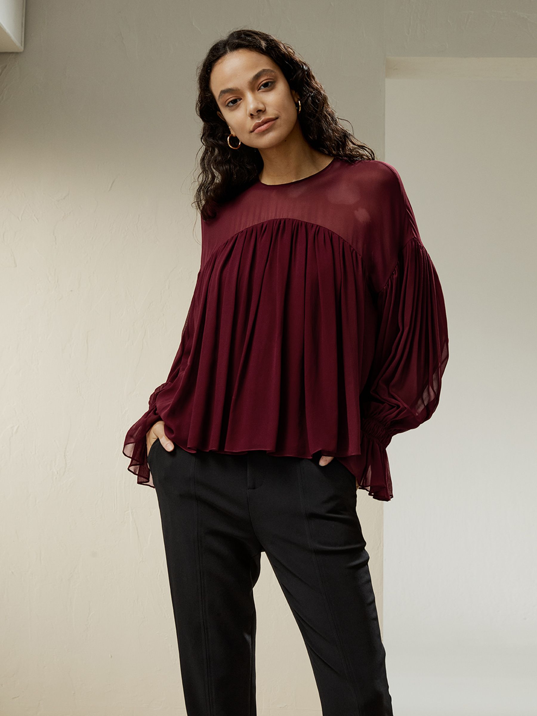 Sheer-shoulder Ruffle Shirt