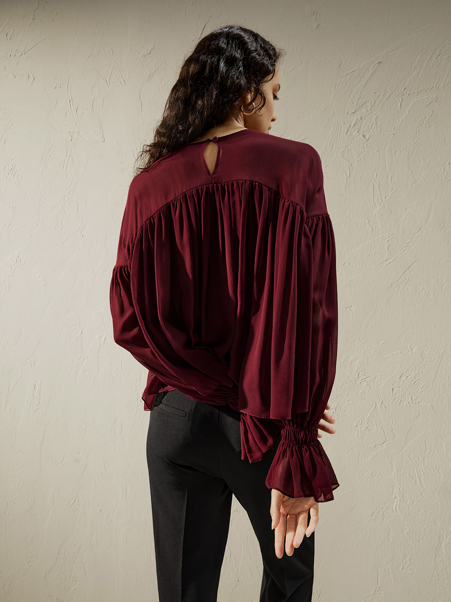 Sheer-shoulder Ruffle Shirt