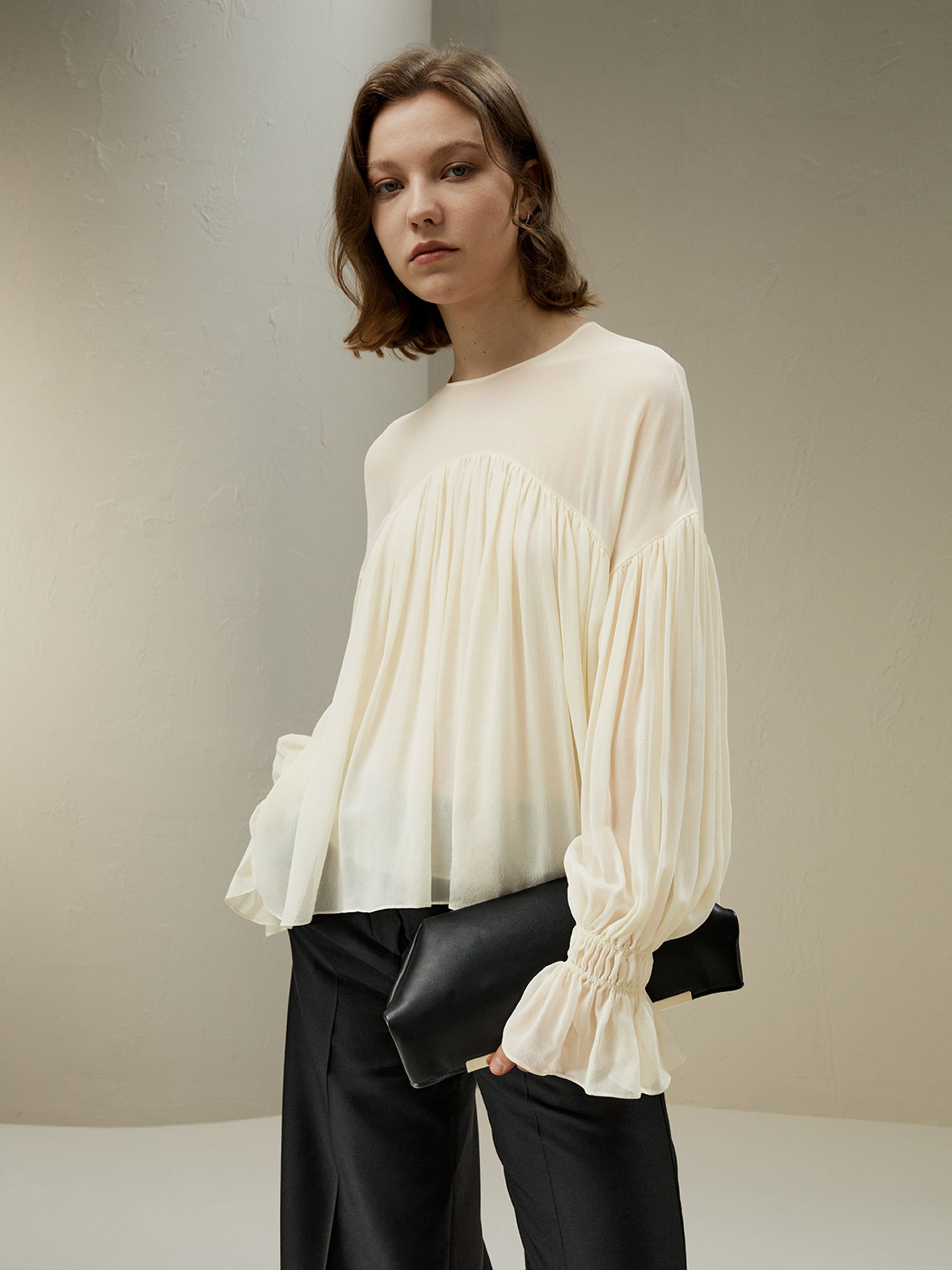 Sheer-shoulder Ruffle Shirt