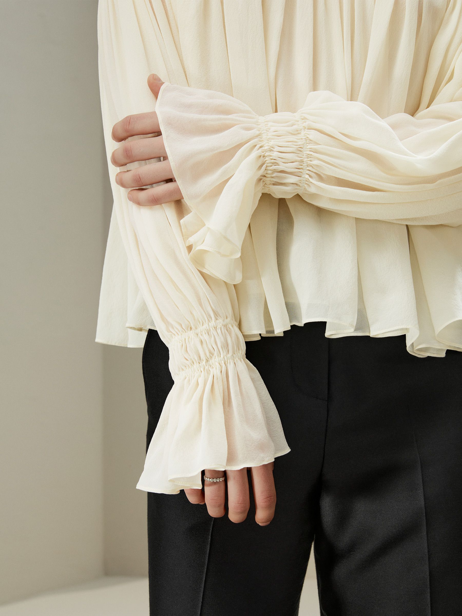 Sheer-shoulder Ruffle Shirt