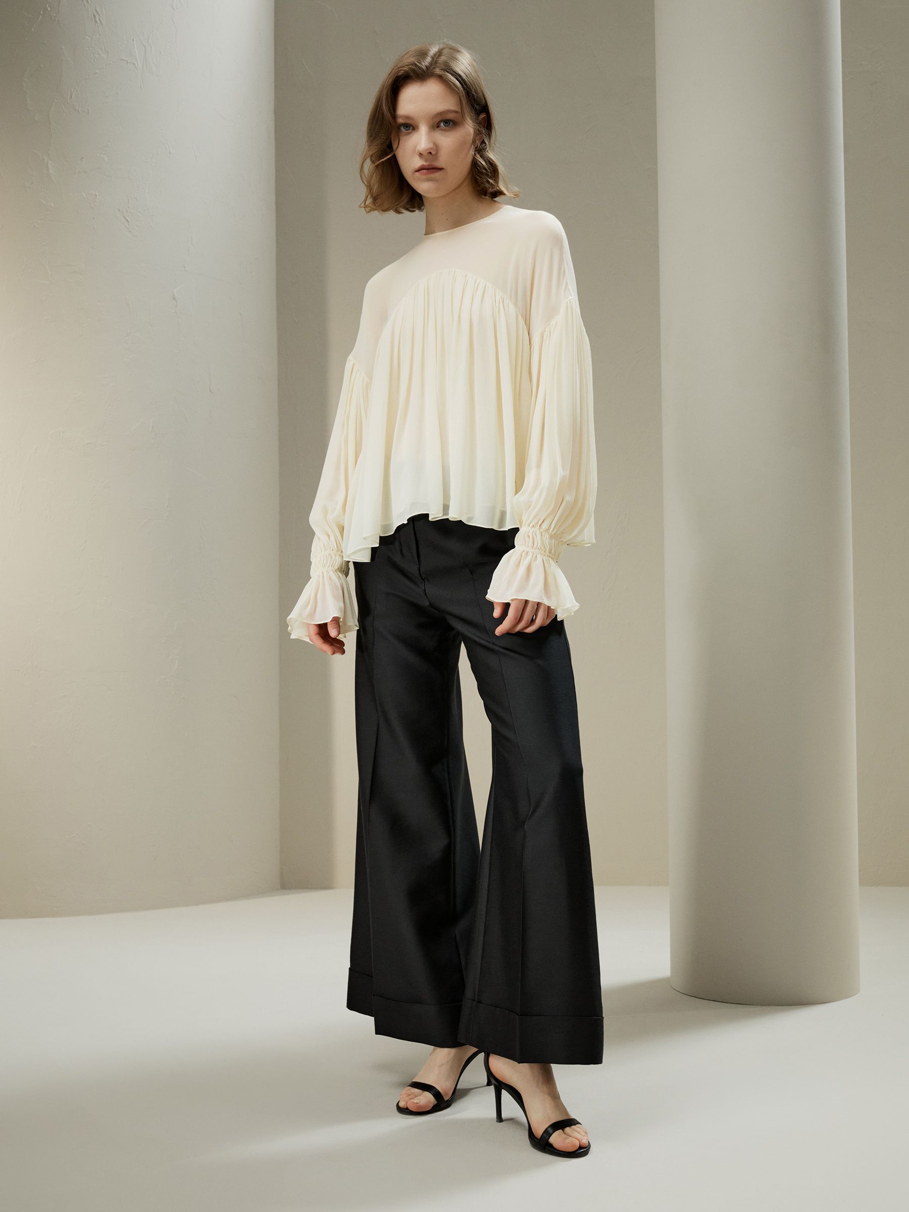 Sheer-shoulder Ruffle Shirt