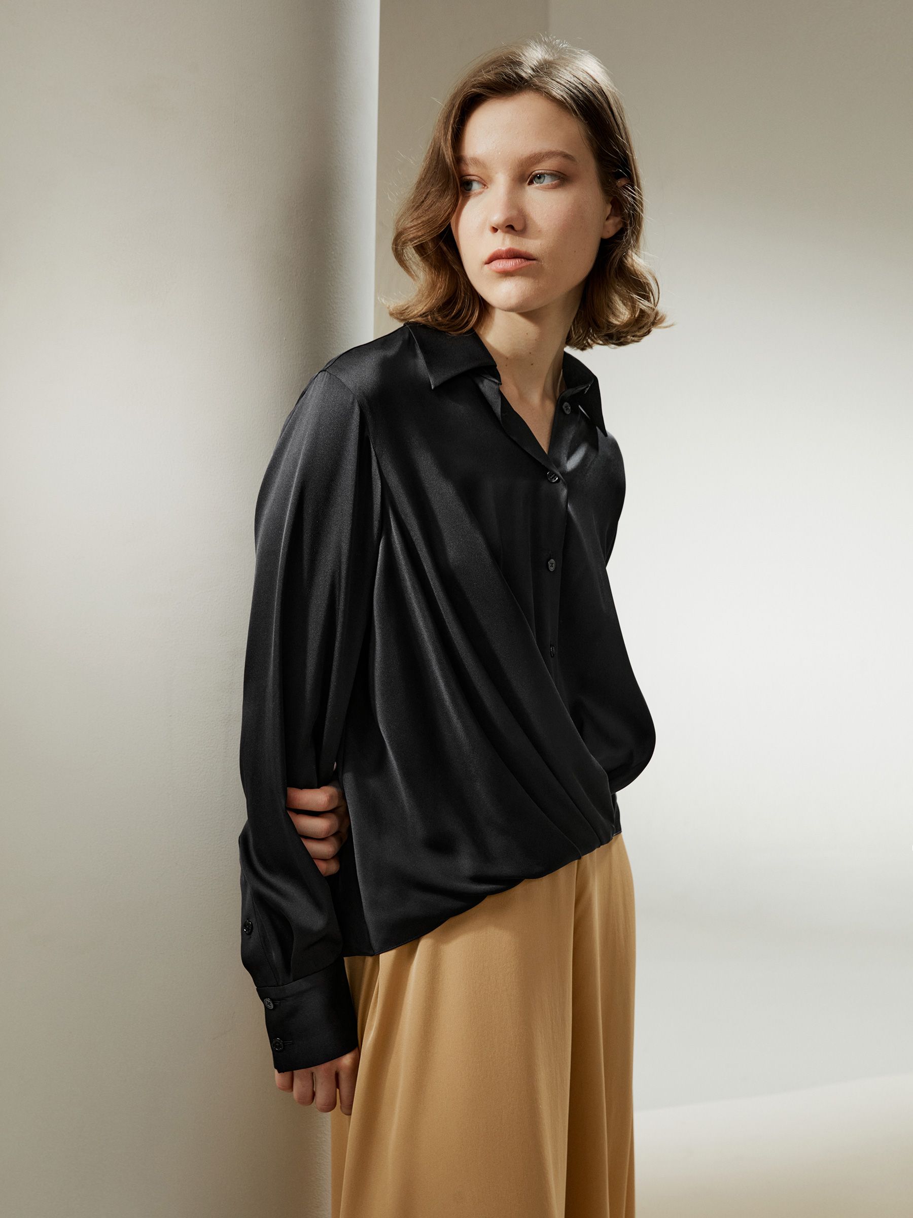 Hem Pleated Silk Blouse