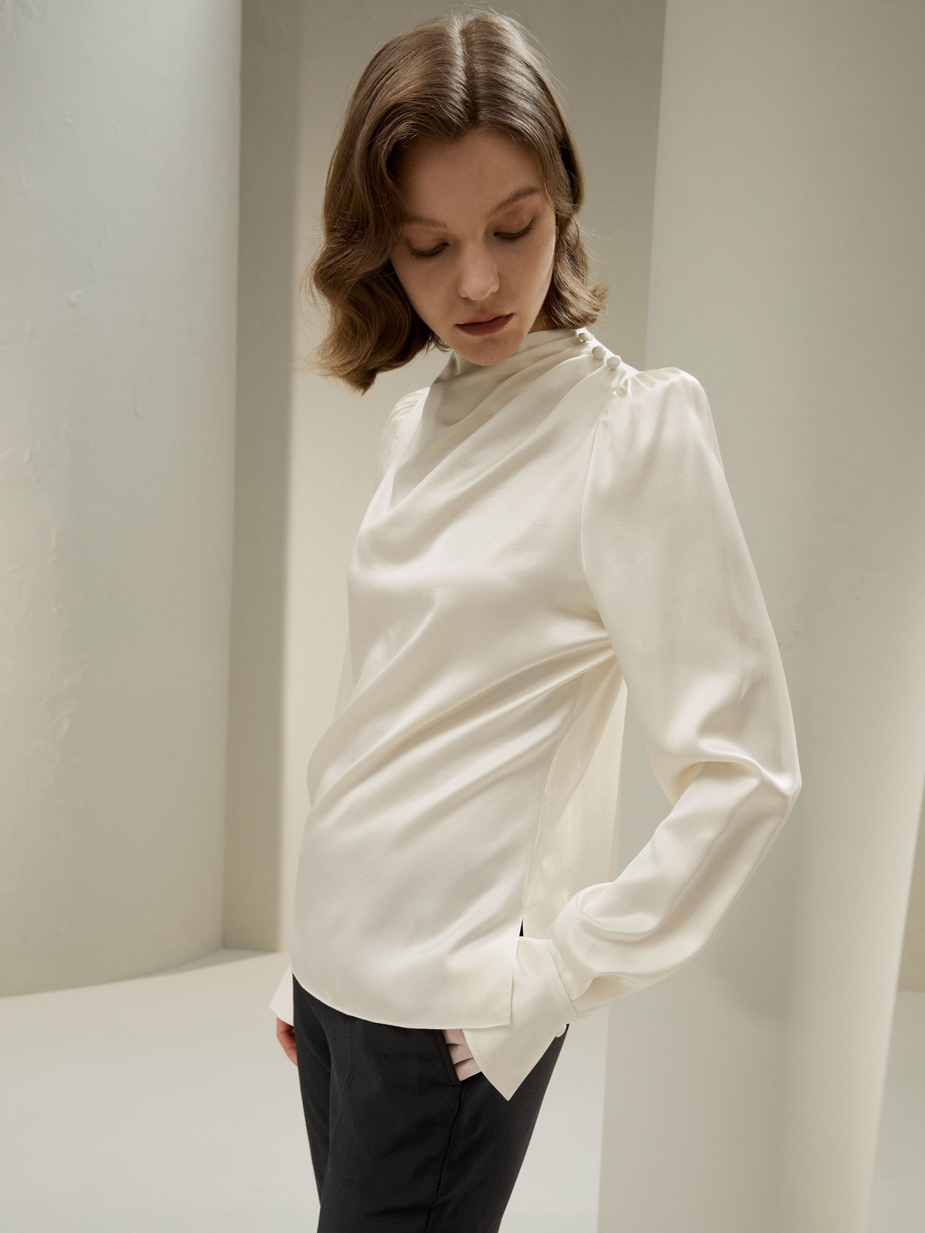 Asymmetrical Silk Blouse with Puff Sleeves