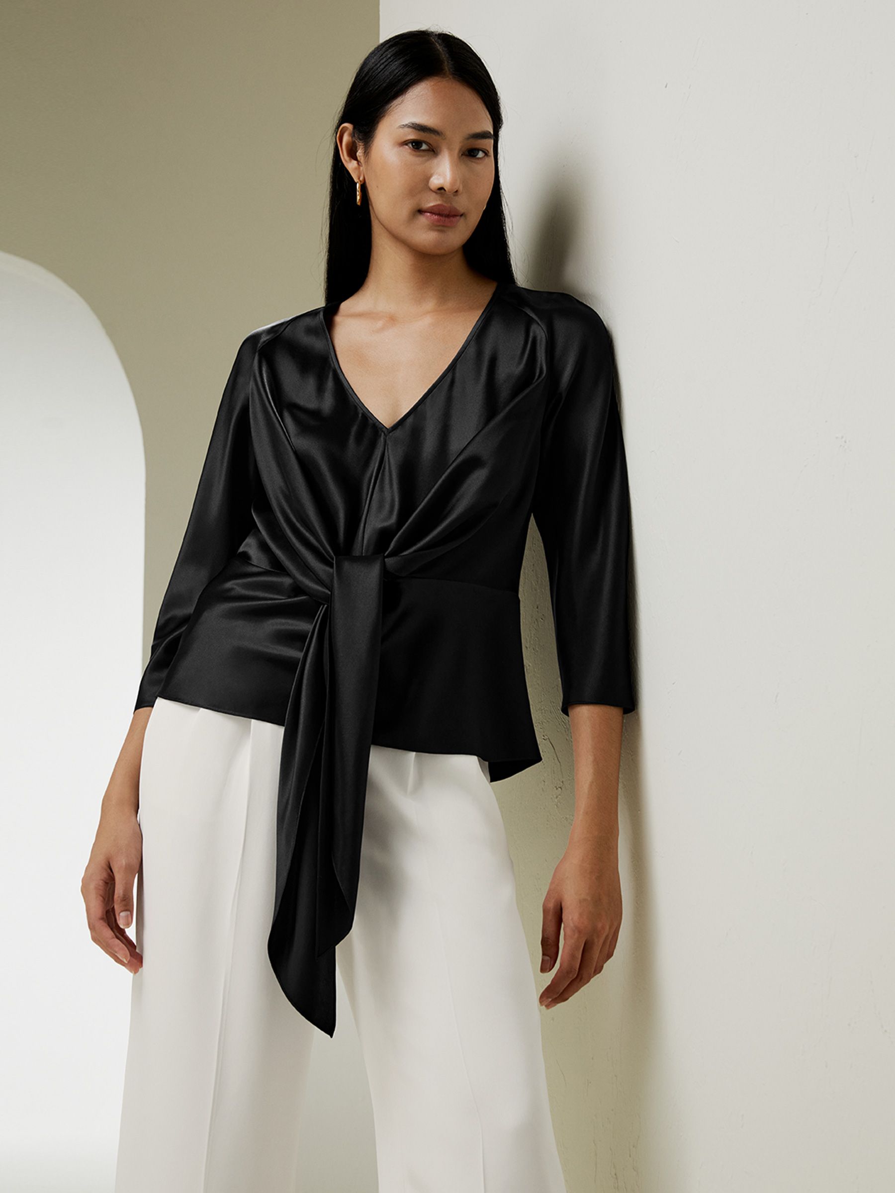 V Neck Silk Blouse with Waist Tie