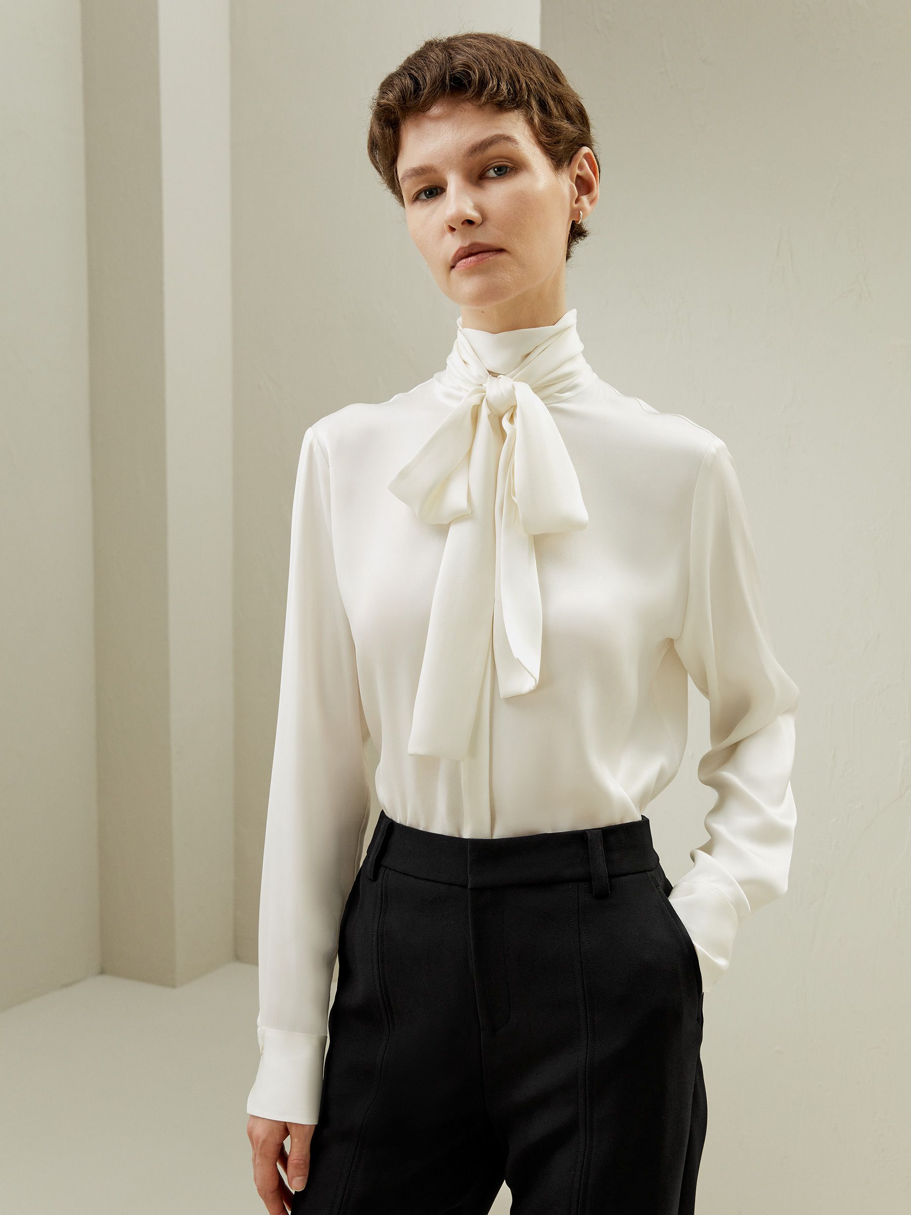 Silk Turtleneck Ribbon Blouse