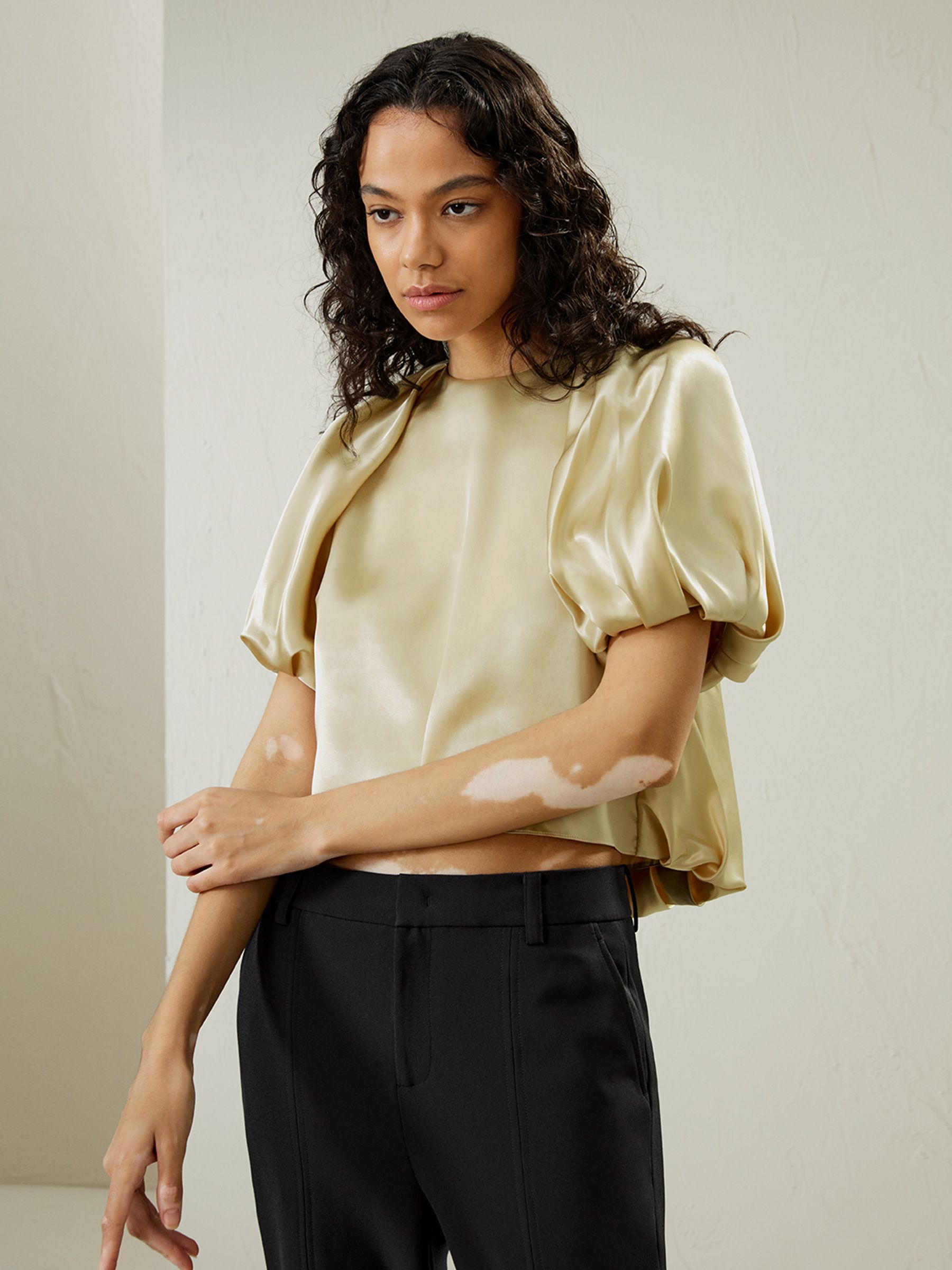 Puff Short Sleeve Watershine Silk Top