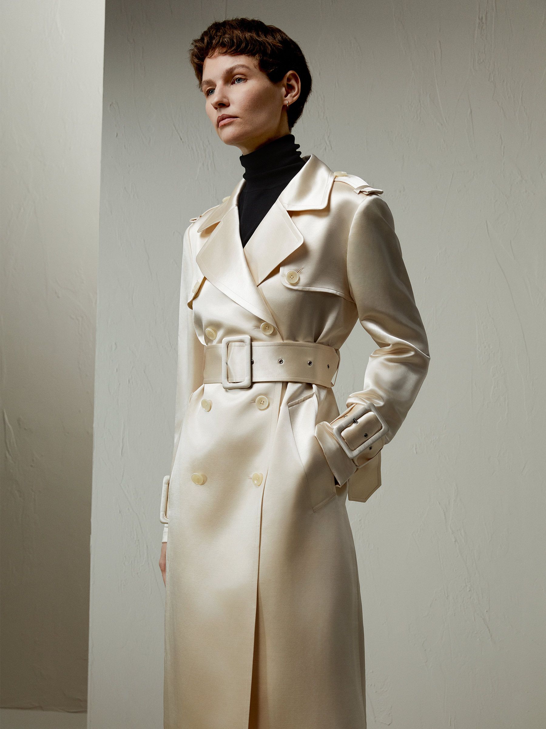 Double Breasted Silk-Blend Belted Coat