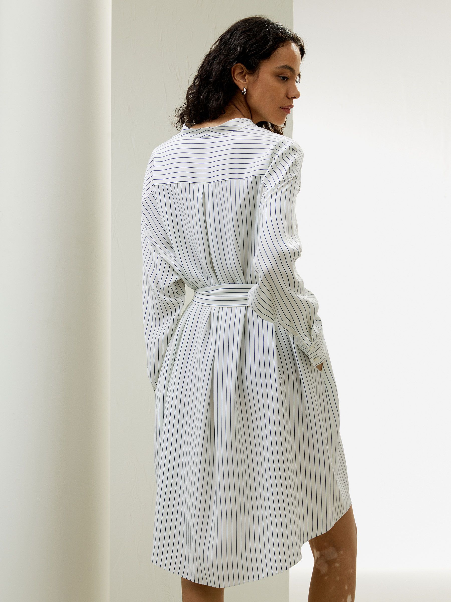 Pinstriped Silk Shirtdress with Belt