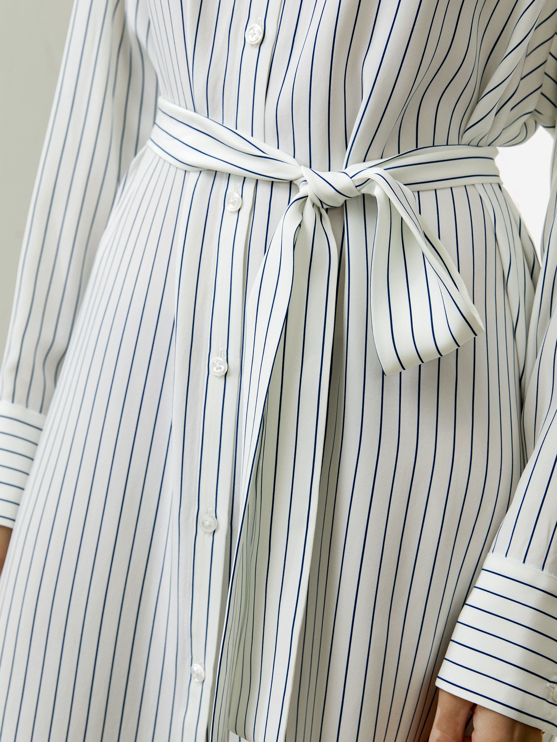 Pinstriped Silk Shirtdress with Belt