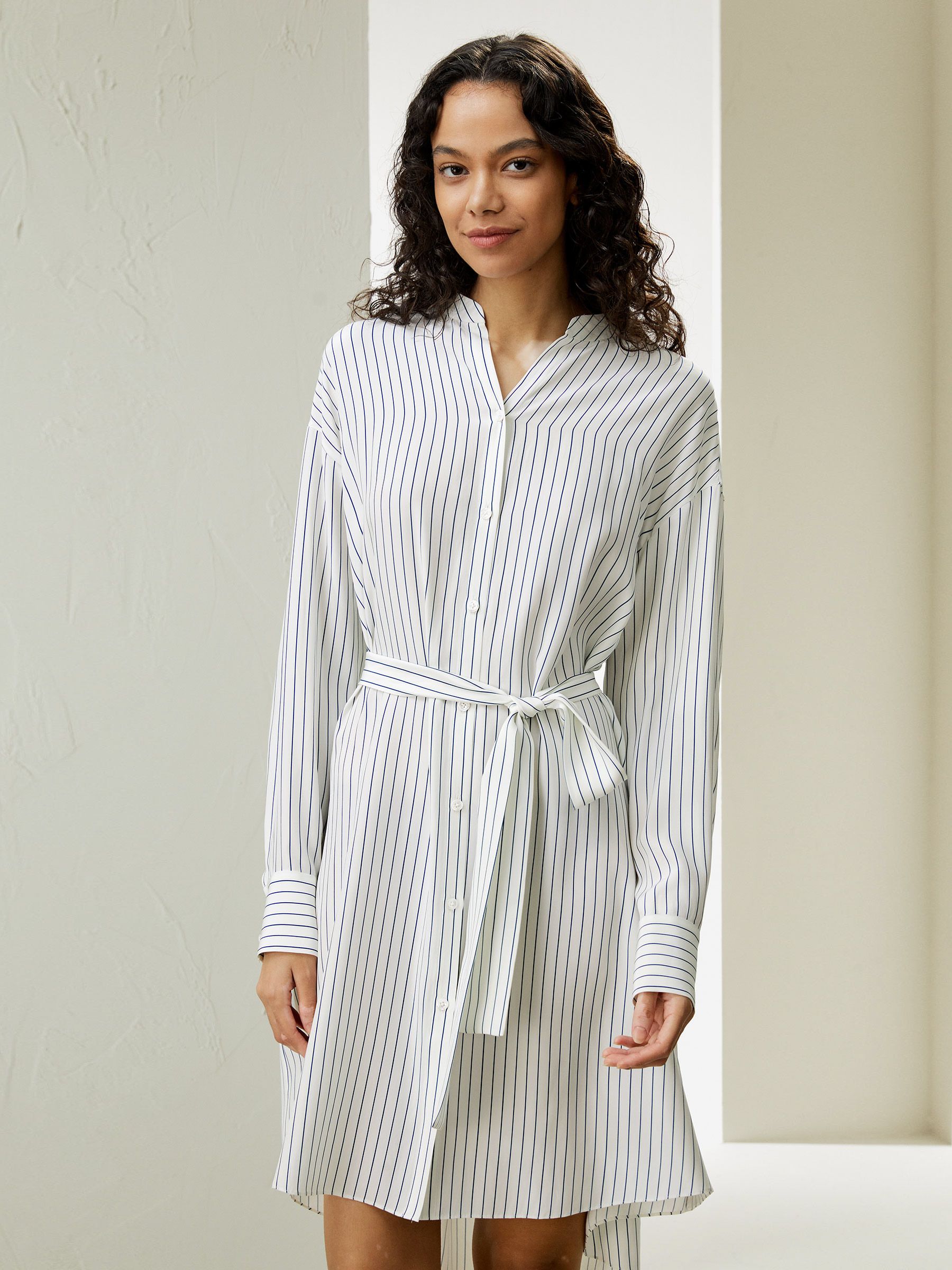 Pinstriped Silk Shirtdress with Belt