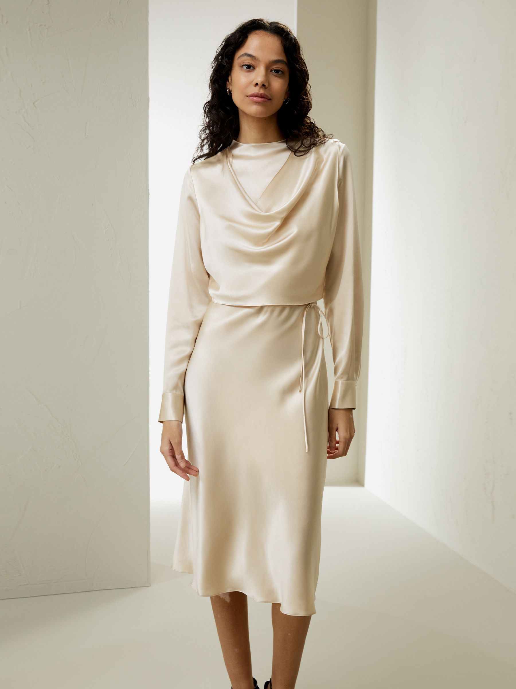 Mock Neck Silk Midi Dress