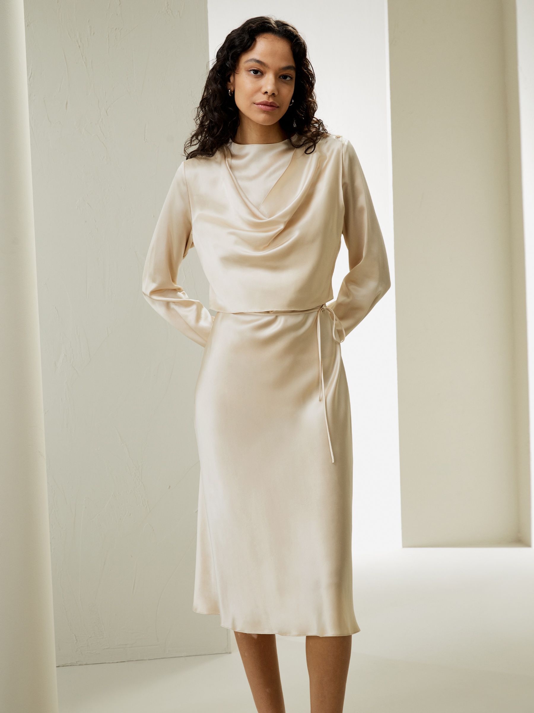 Mock Neck Silk Midi Dress